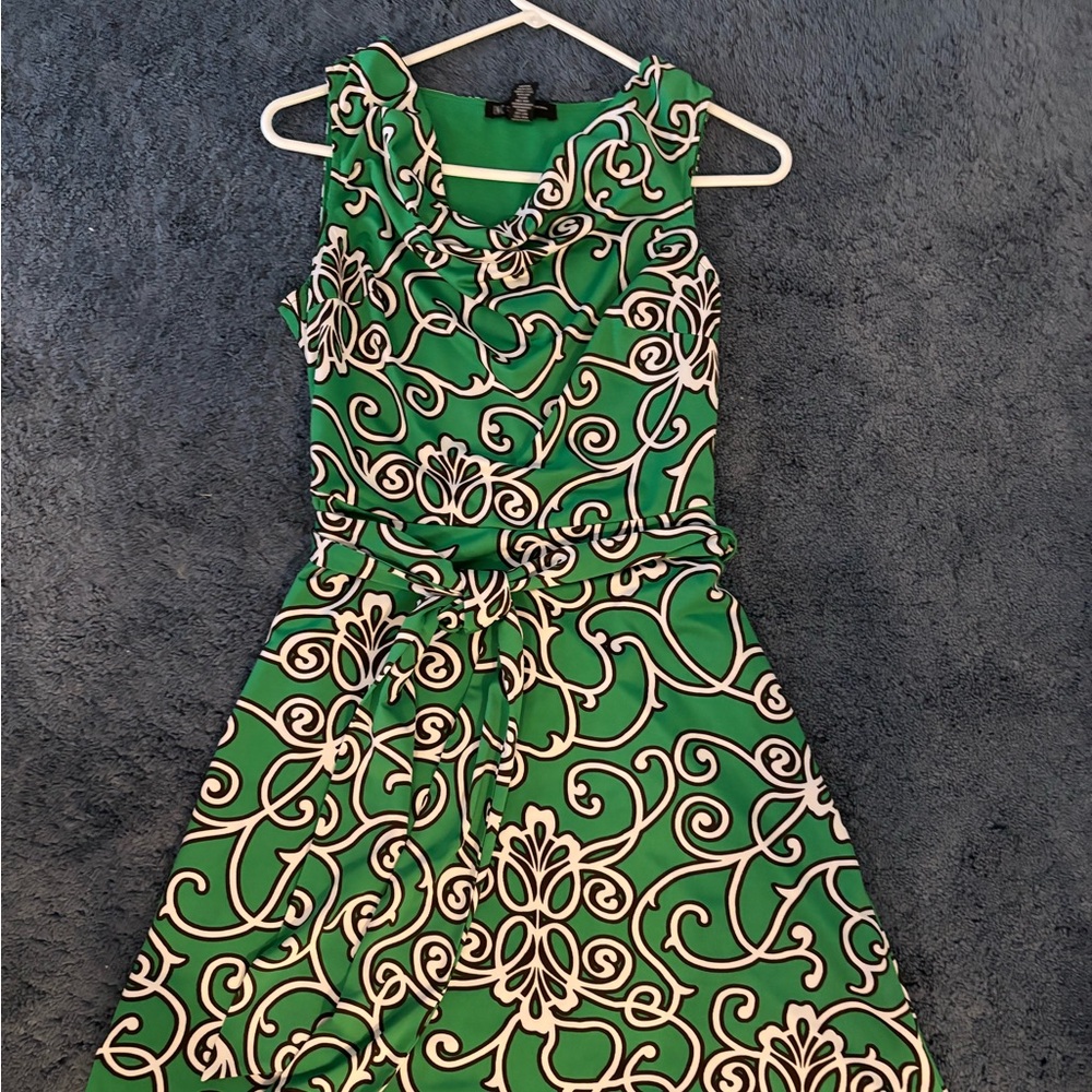 INC green, white, and black sleeveless A-Line dress with belt, size small.